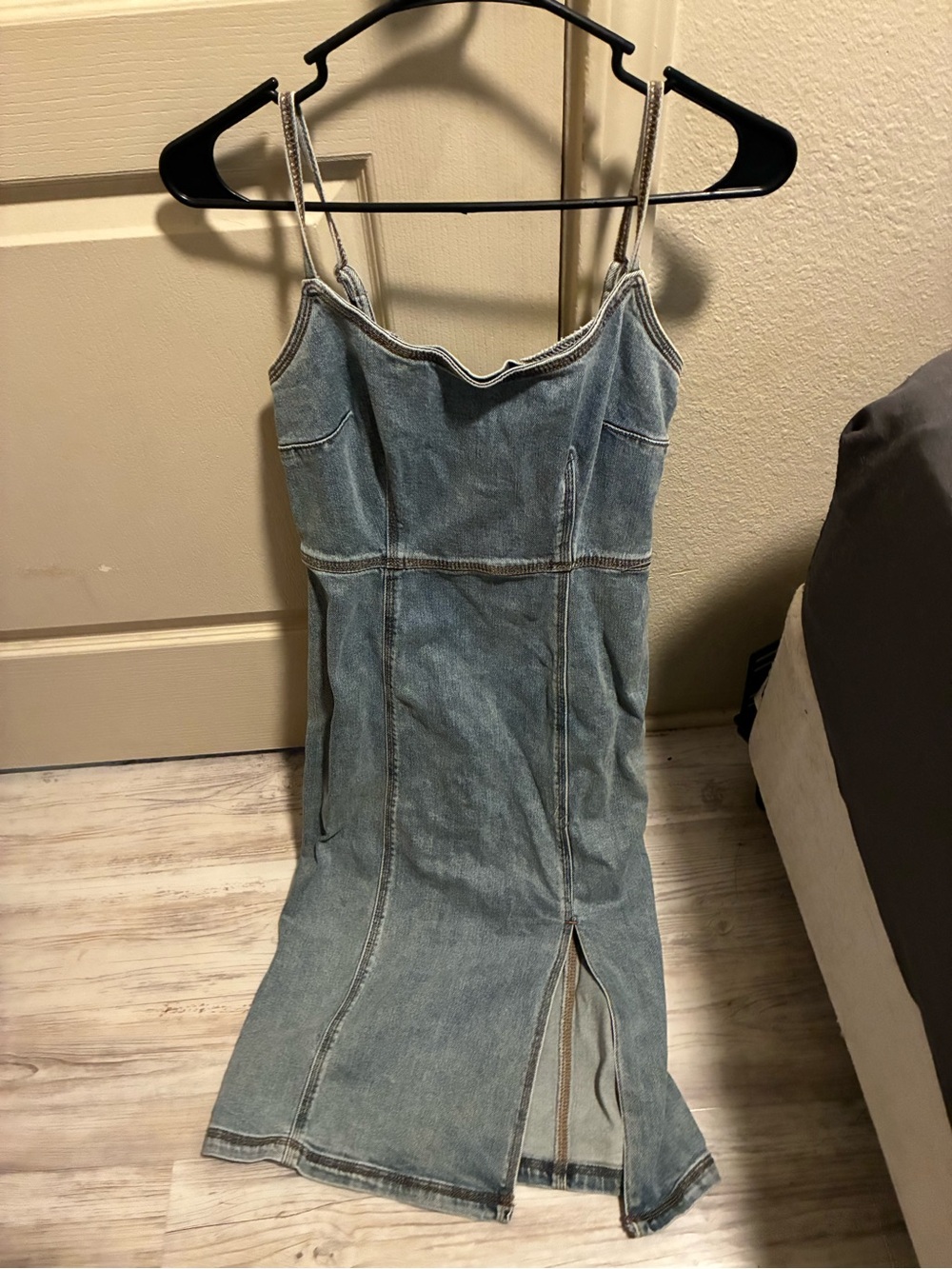 Denim Zip up Dress with Spaghetti Straps - Light Blue